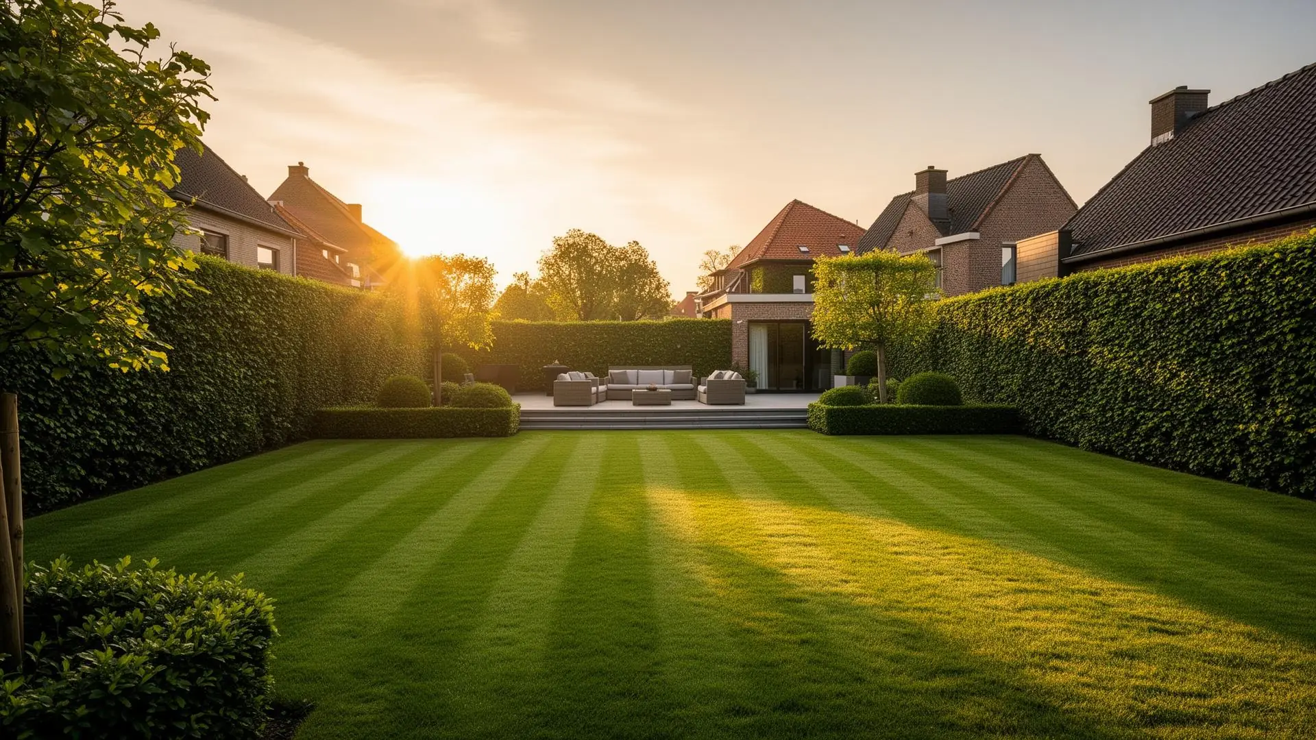Verzorgde tuin in de avondzon